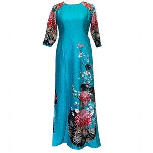 Turquoise Teal Floral Ao Dai, Size Large